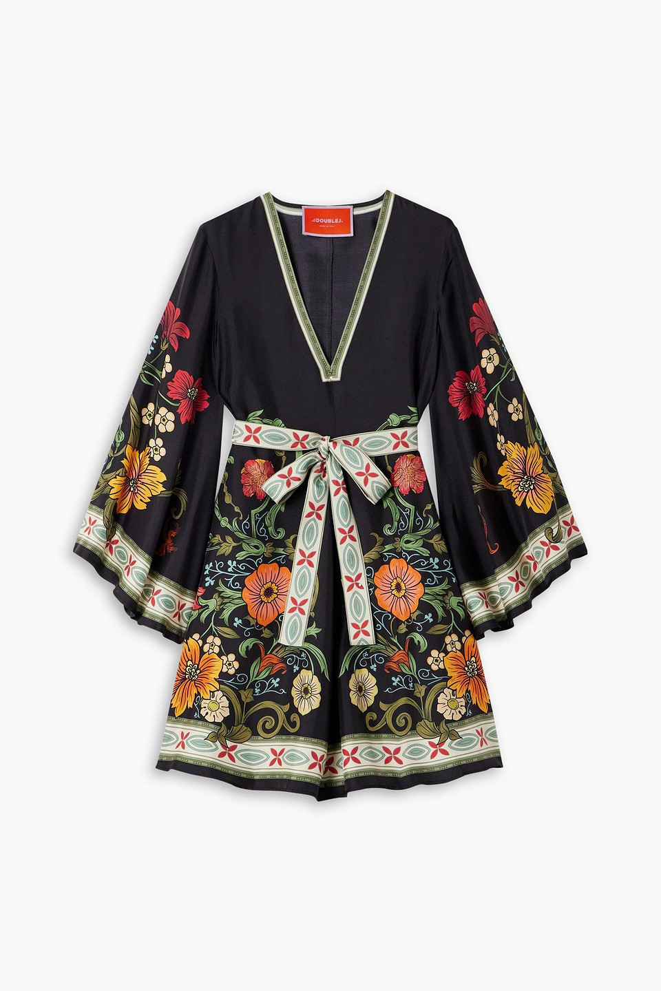 La Doublej Magnifico Belted Floral-print Silk-twill Mini Dress In Black