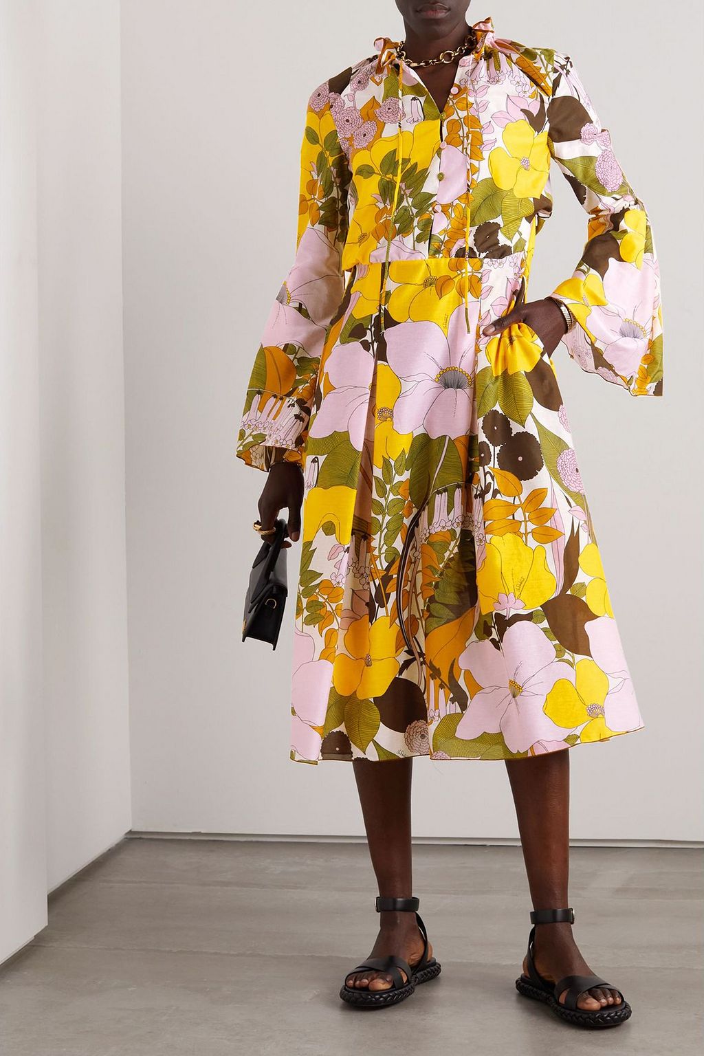 LA DOUBLEJ فستان كازانوفا متوسط الطول من مزيج حرير والقطن وبطبعة الأزهار