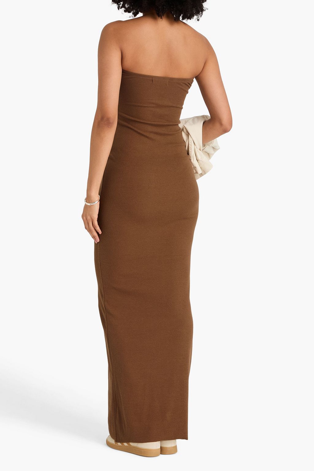 ÉTERNE فستان طويل بدون حمالات من الجيرسي المضلّع