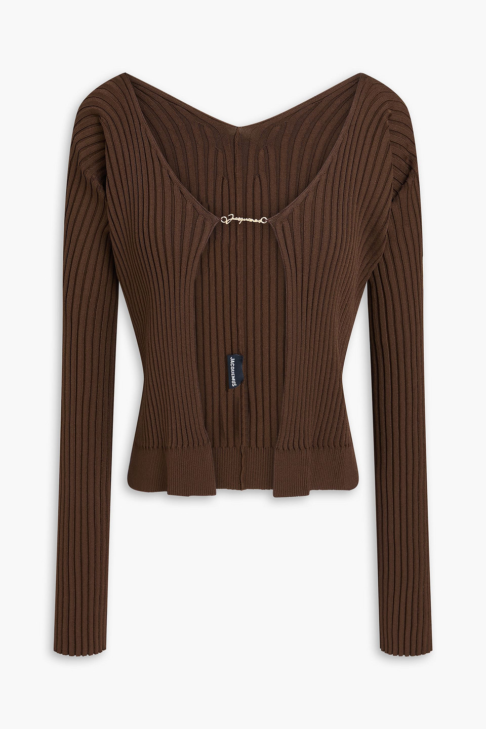 Jacquemus La Maille Pralù Embellished Ribbed-knit Cardigan In Brown