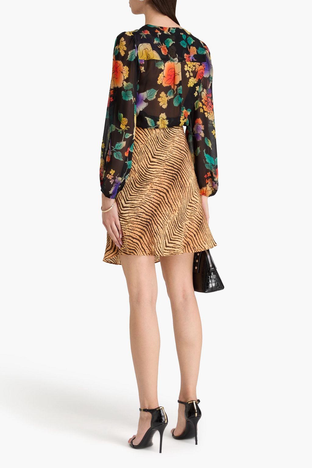 RIXO Minirock aus Seiden-Crêpe mit Tigerprint