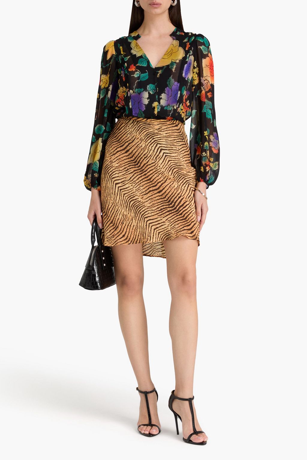 RIXO Minirock aus Seiden-Crêpe mit Tigerprint