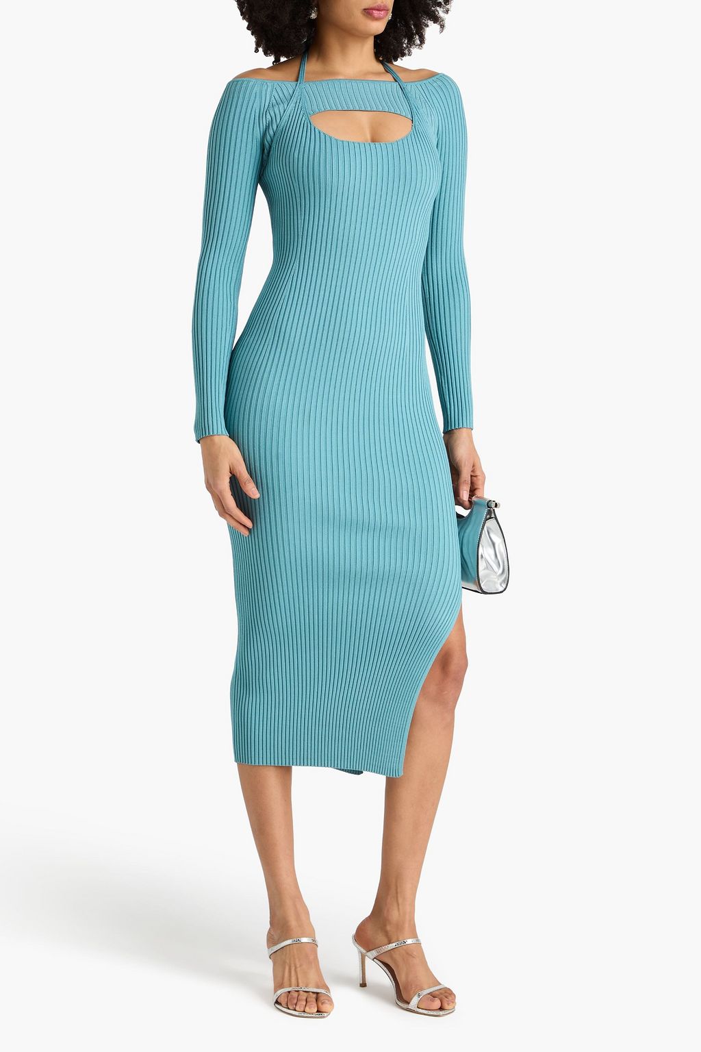 SIMKHAI Cold-shoulder ribbed-knit midi dress