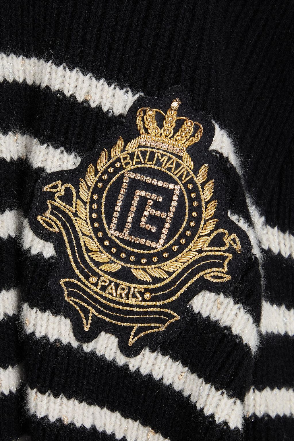 BALMAIN Appliquéd striped ribbed cashmere-lined mock-neck sweater
