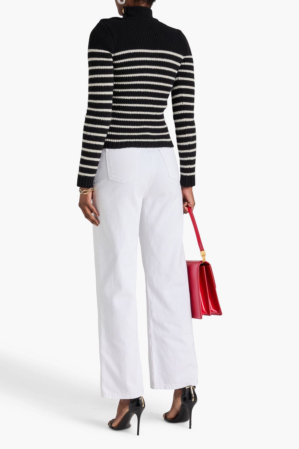 BALMAIN Appliquéd striped ribbed cashmere-lined mock-neck sweater