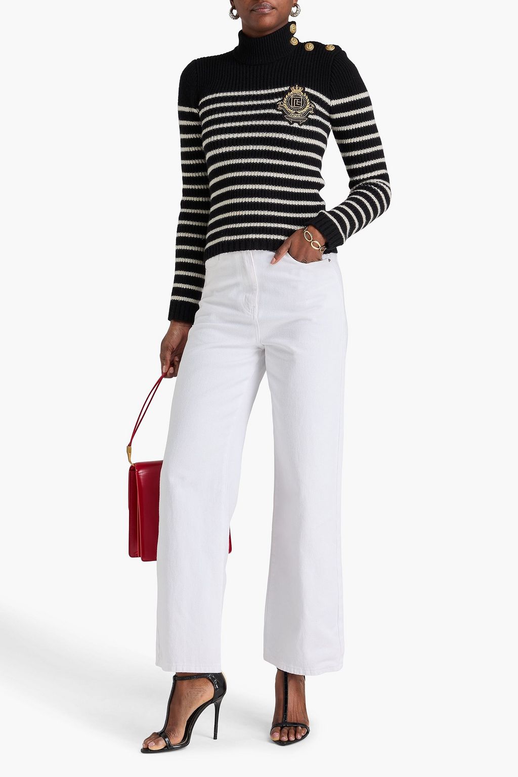 BALMAIN Appliquéd striped ribbed cashmere-lined mock-neck sweater