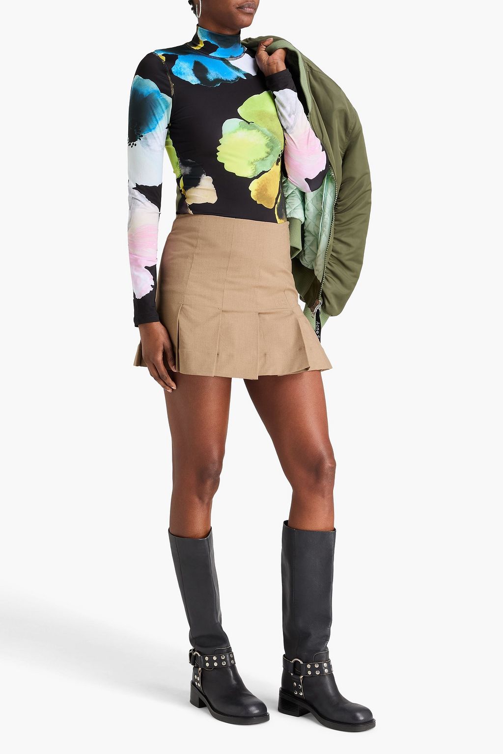 STINE GOYA Floral-print stretch-jersey turtleneck top