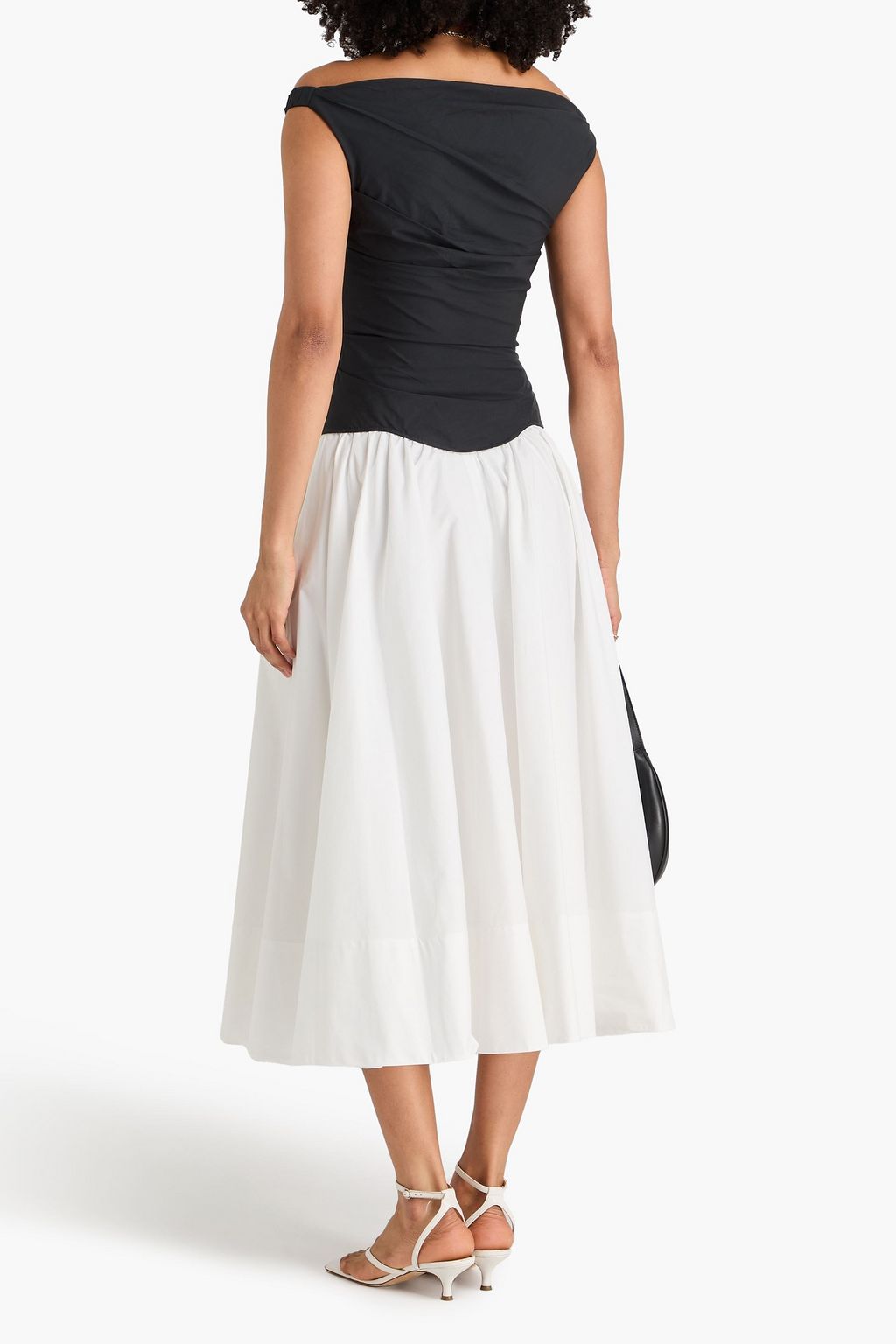 SIMKHAI 오프 더 숄더 투톤 코튼 혼방 포플린 드레이프 미디 드레스