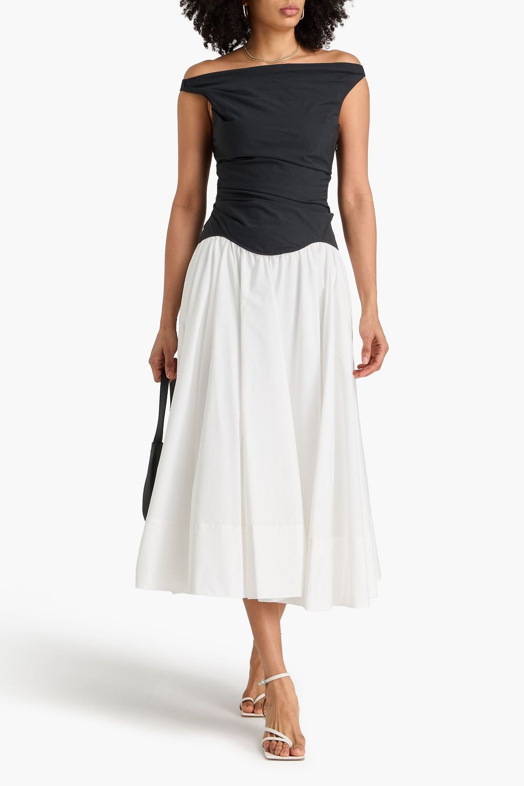 SIMKHAI 오프 더 숄더 투톤 코튼 혼방 포플린 드레이프 미디 드레스