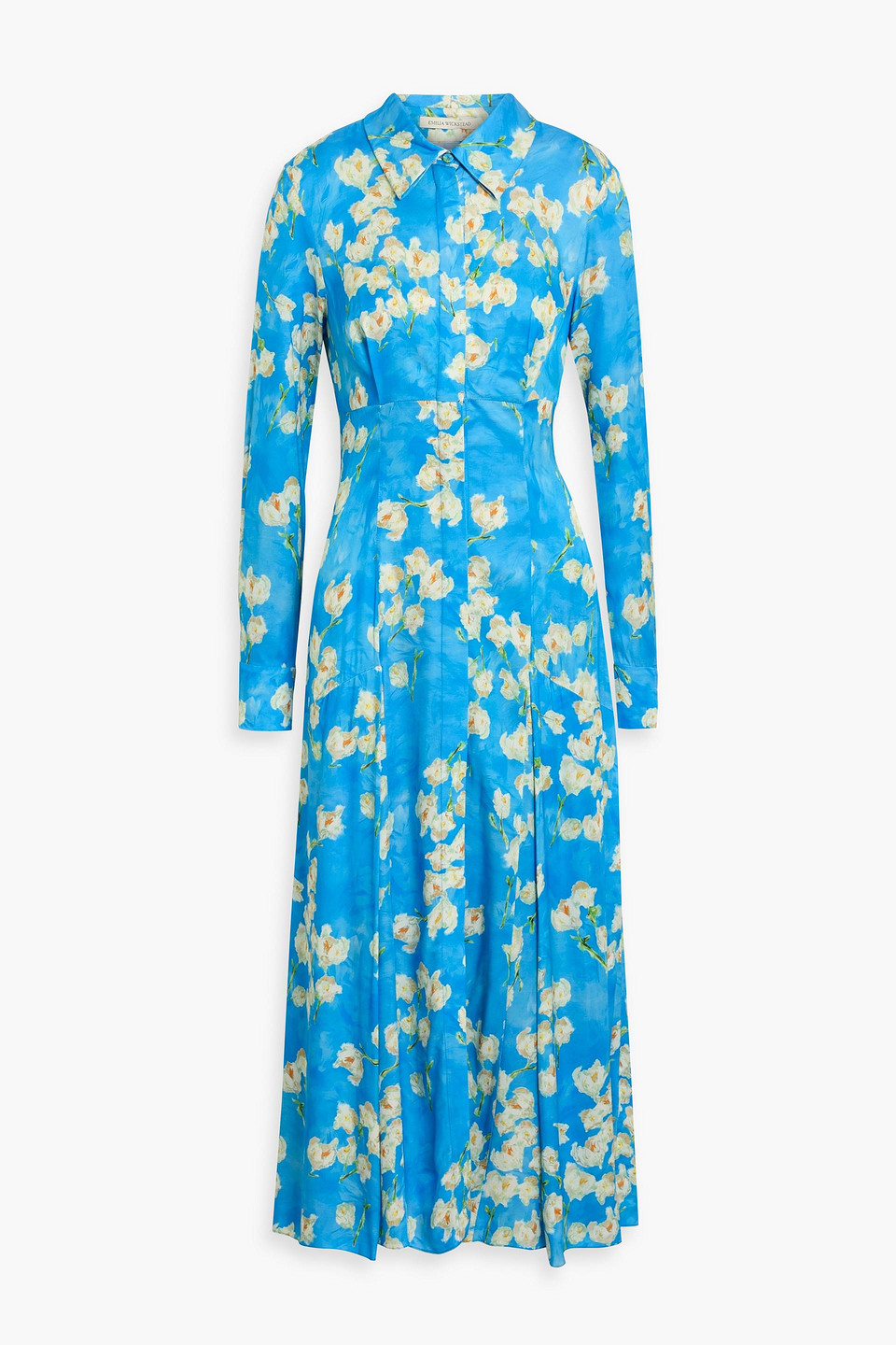 emilia wickstead - pispo pleated floral-print satin-twill midi shirt dress - blue - uk/au 12