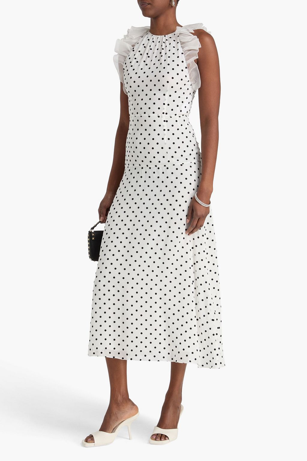 Ruffled polka-dot silk-georgette midi dress - white - One Size