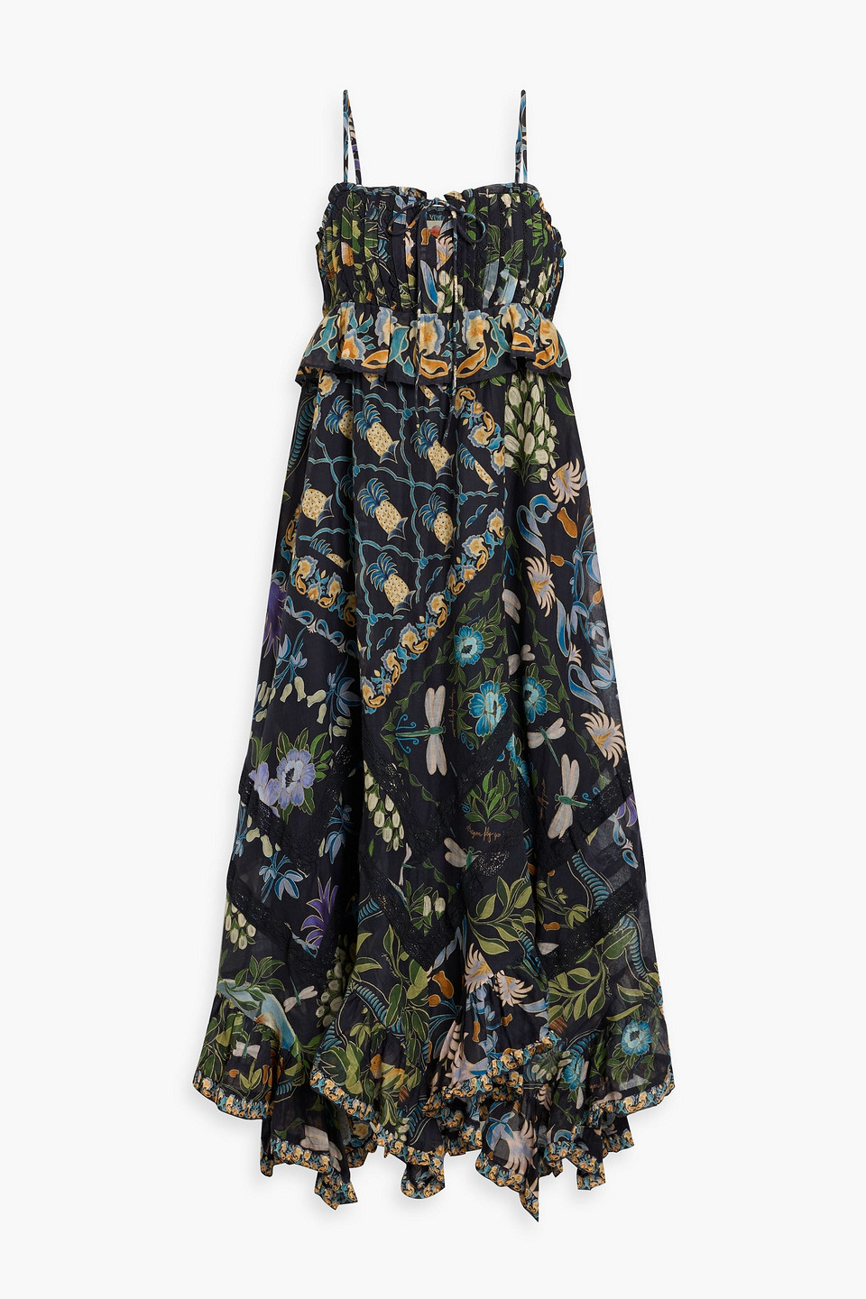 Farm Rio Lace-trimmed Printed Cotton Midi Dress In Blue