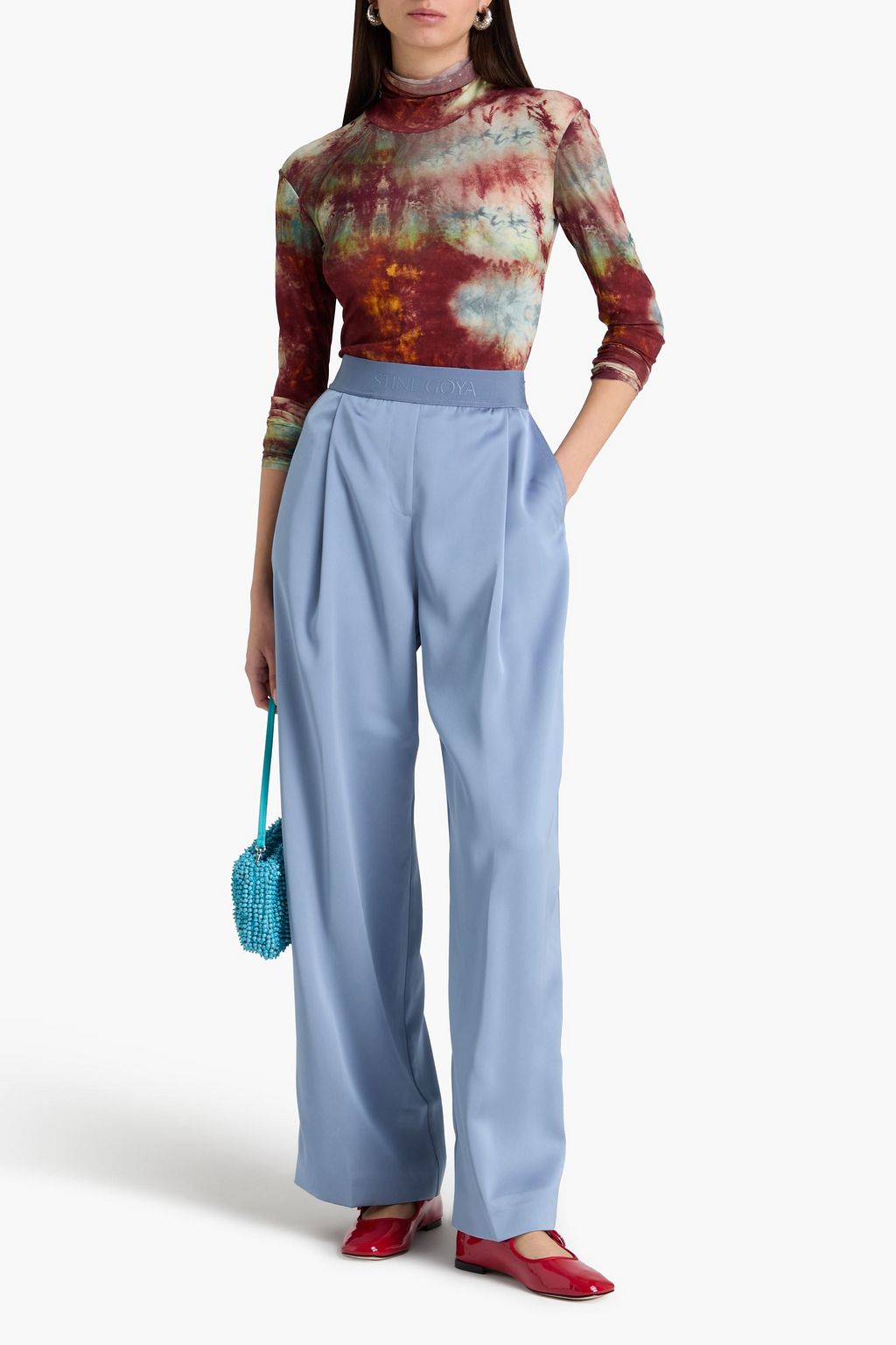 STINE GOYA Pleated satin-twill wide-leg pants