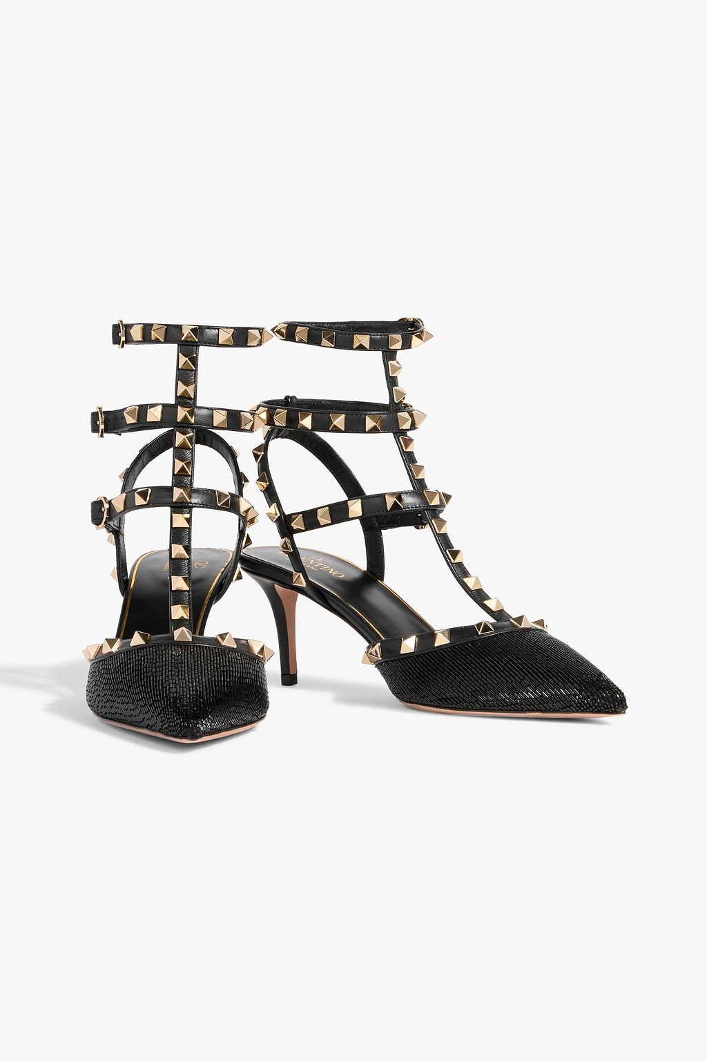 VALENTINO GARAVANI Rockstud beaded satin and leather pumps