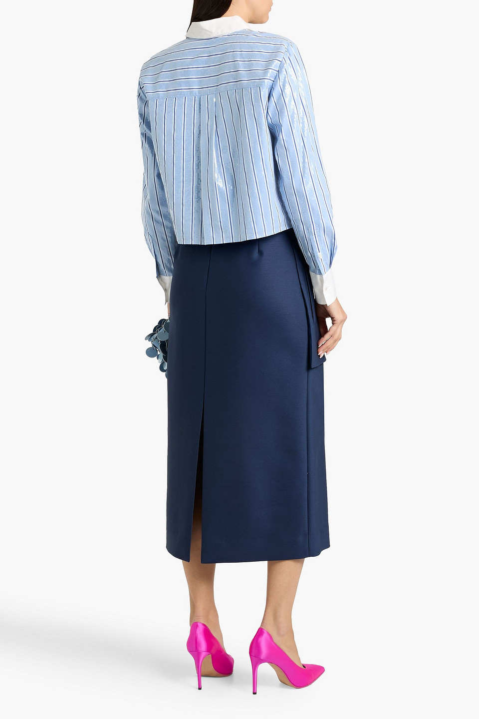 Veronica Beard Maia Cropped Sequin-embellished Striped Cotton-poplin Shirt In Blue