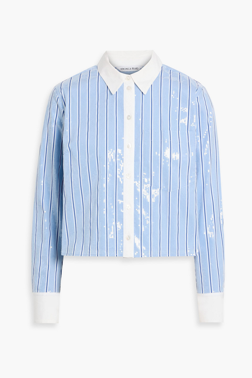 Veronica Beard Maia Cropped Sequin-embellished Striped Cotton-poplin Shirt In Blue