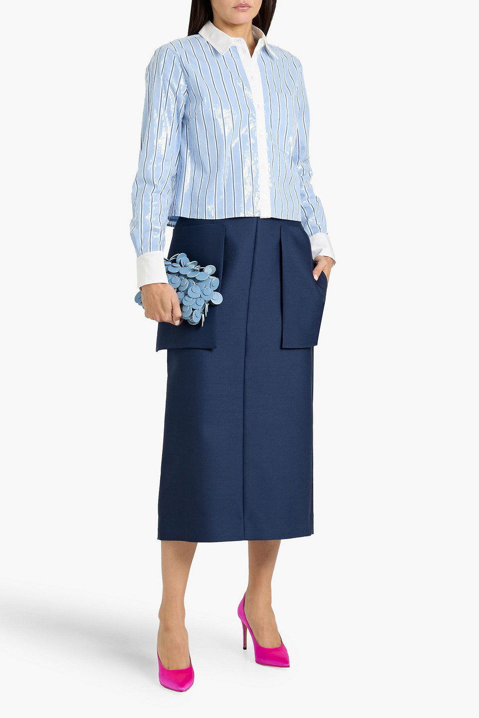 Veronica Beard Maia Cropped Sequin-embellished Striped Cotton-poplin Shirt In Blue