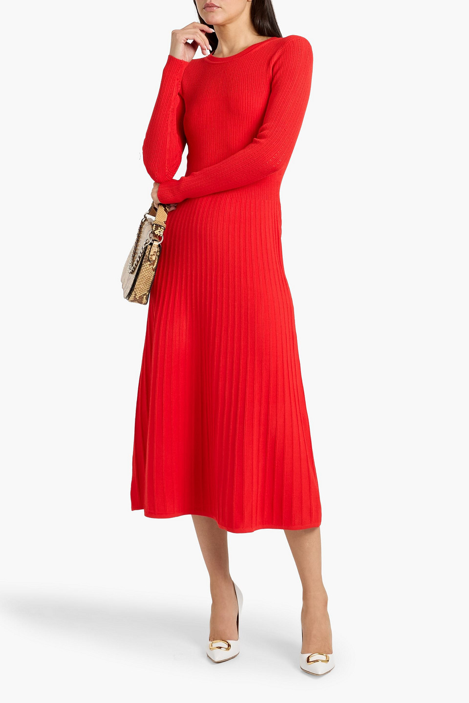Veronica Beard Nami Pointelle And Ribbed-knit Midi Dress In Red