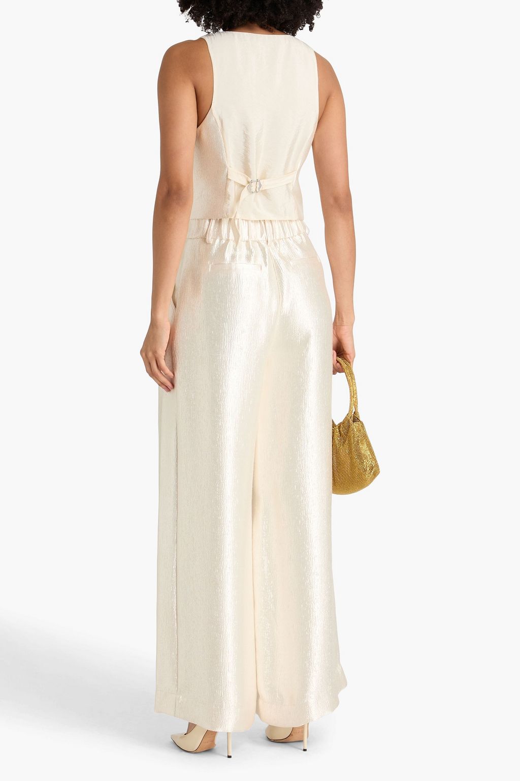 SIMKHAI 플리츠 디테일 메탈릭 새틴 와이드 레그 팬츠