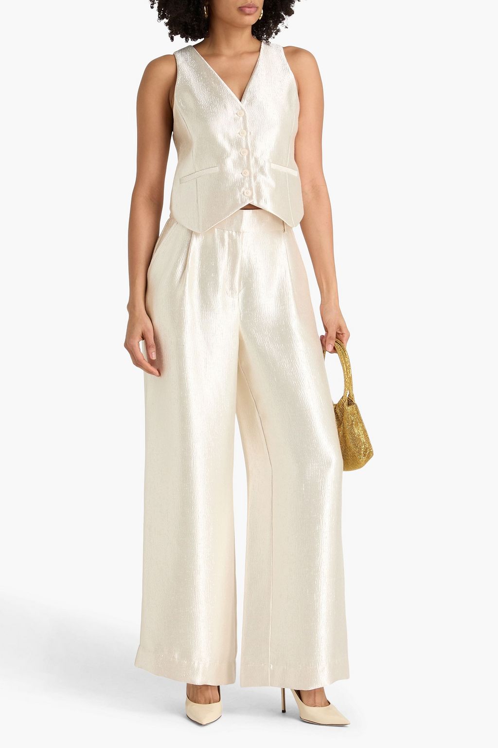 SIMKHAI 플리츠 디테일 메탈릭 새틴 와이드 레그 팬츠