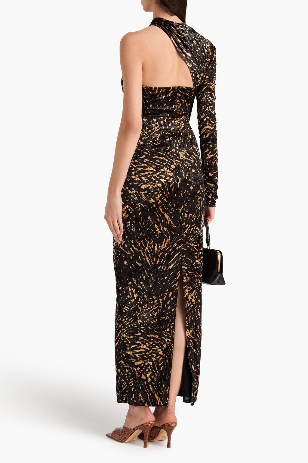 NANUSHKA One-sleeve cutout printed crushed-velvet maxi dress