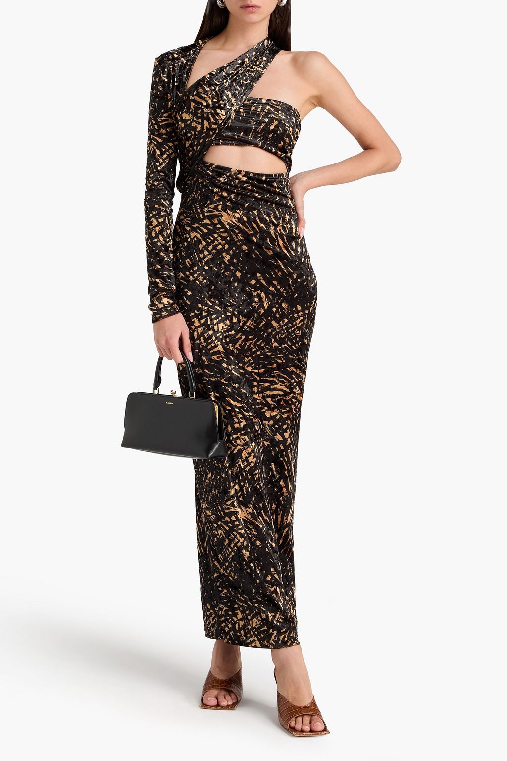 NANUSHKA One-sleeve cutout printed crushed-velvet maxi dress