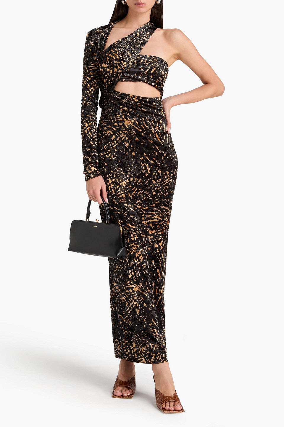  Nanushka - Bedrucktes Maxikleid Aus Samt In Knitteroptik Mit Asymmetrischer Schulterpartie Und Cut-outs - Schwarz - Xxs 