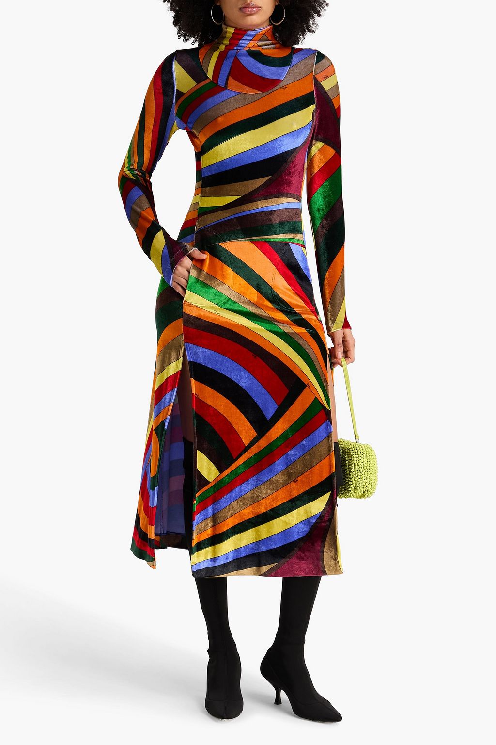 PUCCI فستان متوسط الطول بياقة عالية من المخمل المطاط مزين بطبعات