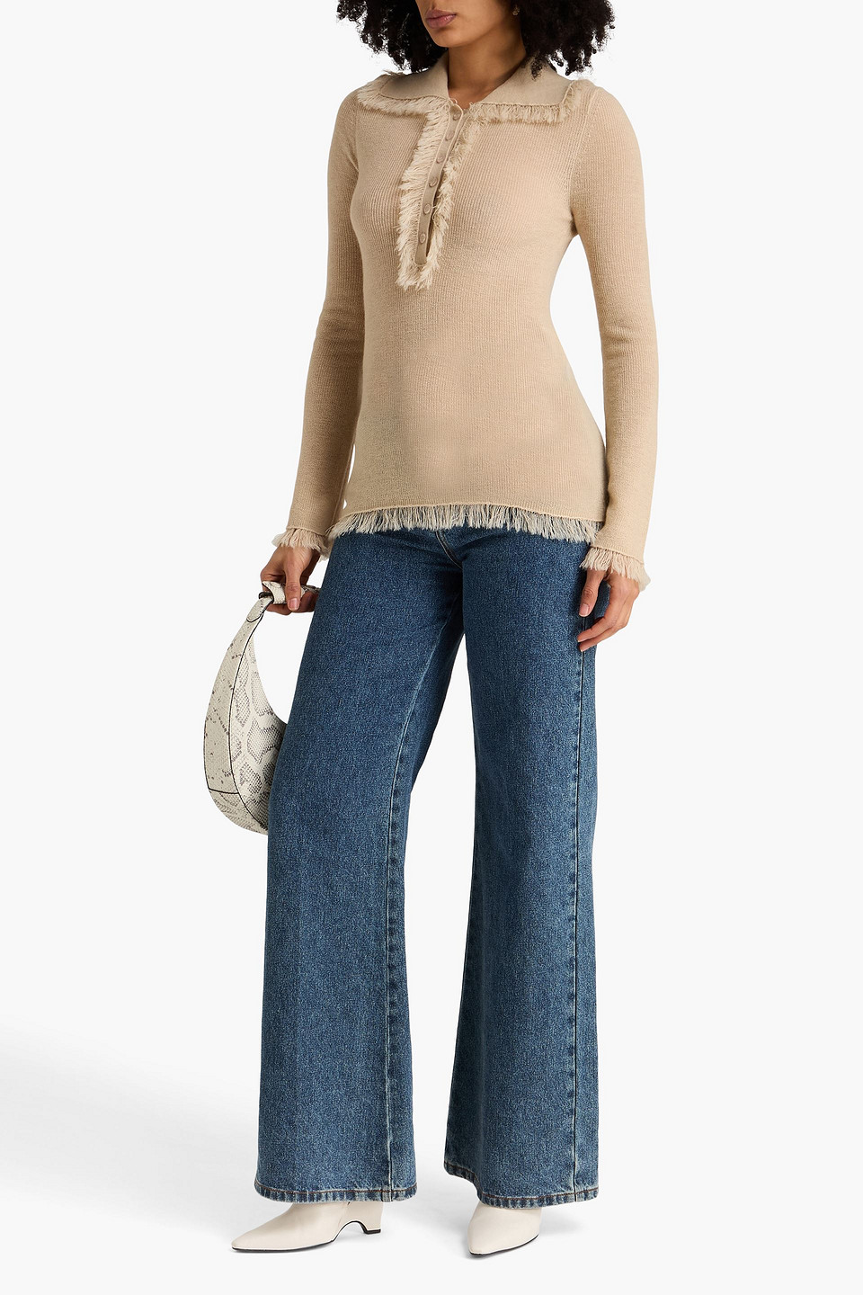  By Malene Birger - Pullover „dreele“ Aus Einer Woll-mohairmischung Mit Polokragen Und Fransen - Neutral - M 