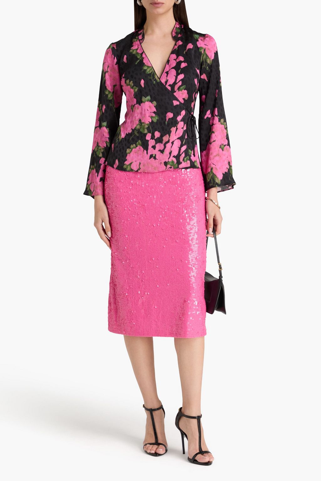 RIXO Floral-print satin-jacquard wrap blouse
