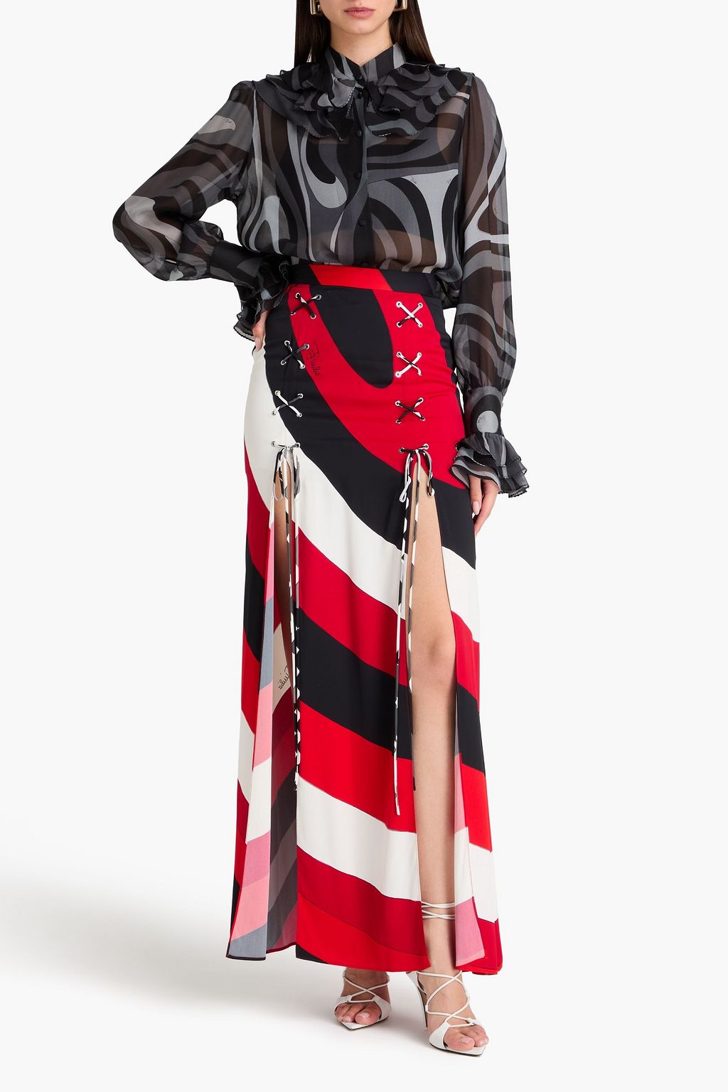 PUCCI Lace-up printed satin maxi skirt