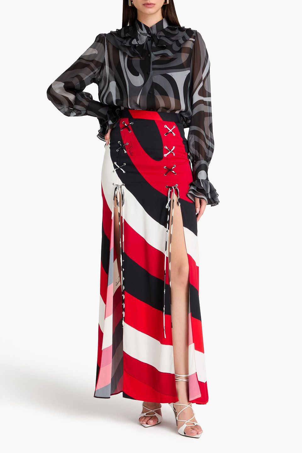  Pucci - Lace-up Printed Satin Maxi Skirt - Red - It 38 