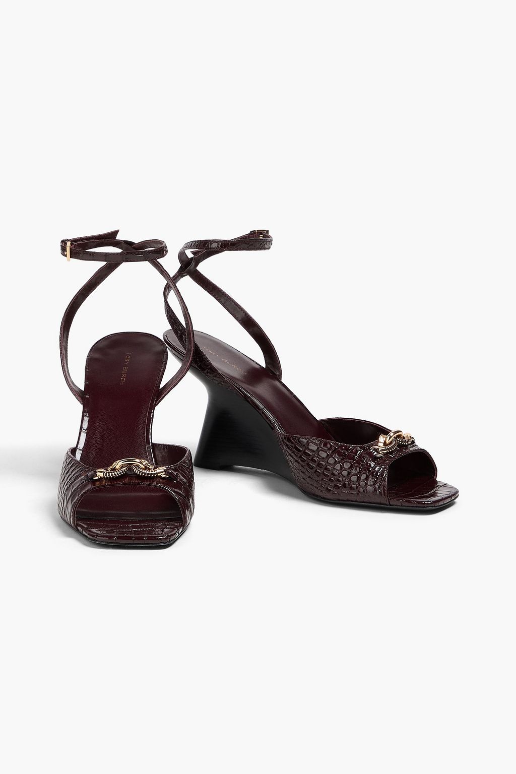 TORY BURCH Jessa embellished croc-effect leather wedge sandals