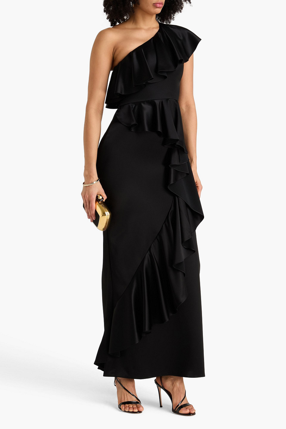  Temperley London - Maxikleid „sandrelli“ Aus Satin Mit Asymmetrischer Schulterpartie Und Rüschen - Schwarz - Uk 6 