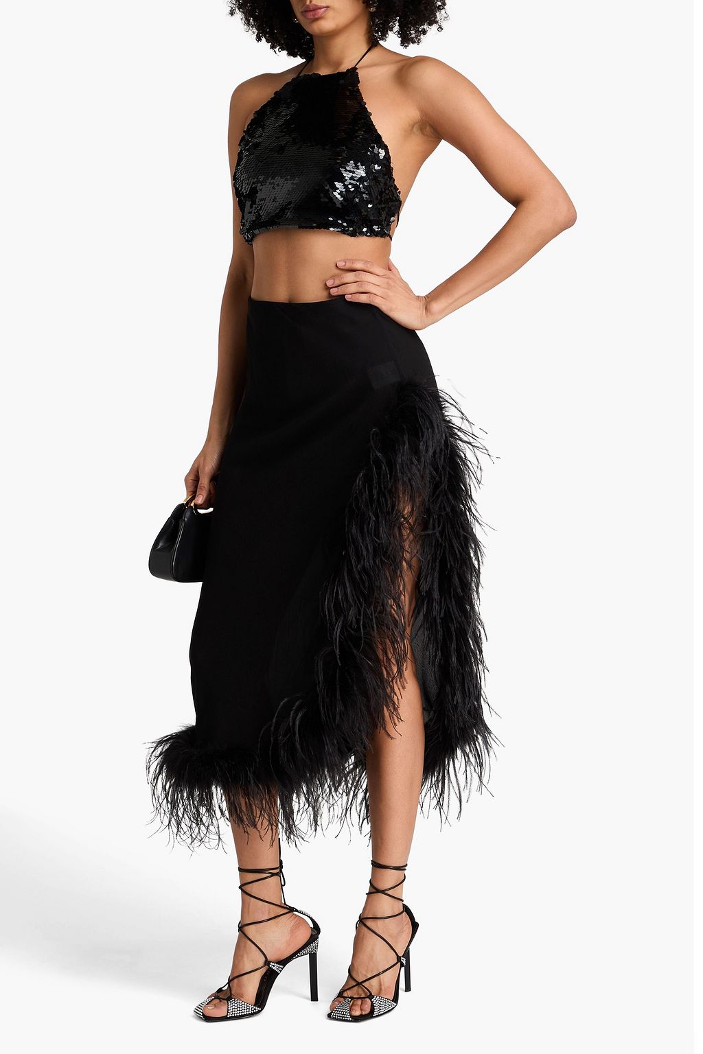 GIUSEPPE DI MORABITO Bleistiftrock in Midilänge aus Georgette mit Federverzierung