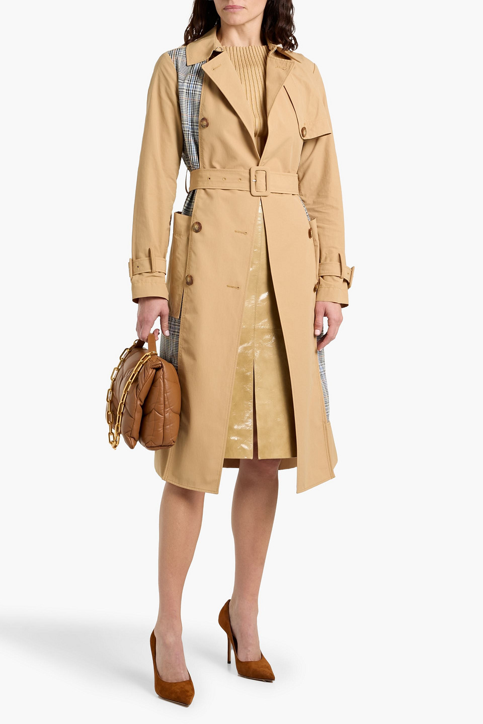 Veronica Beard Liam Checked Patchwork Cotton-blend Trench Coat In Brown