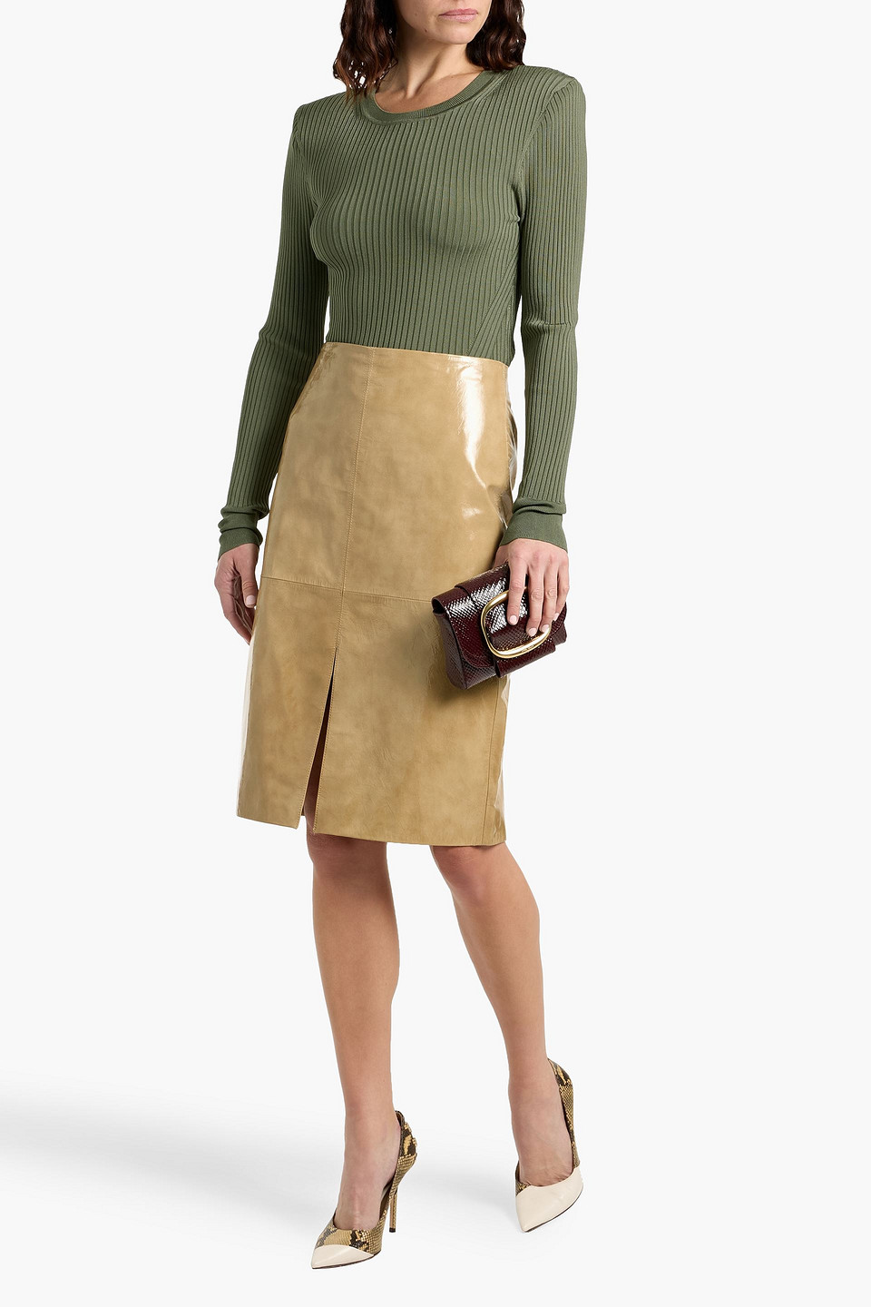 Veronica Beard Anderson Patent-leather Skirt In Neutral