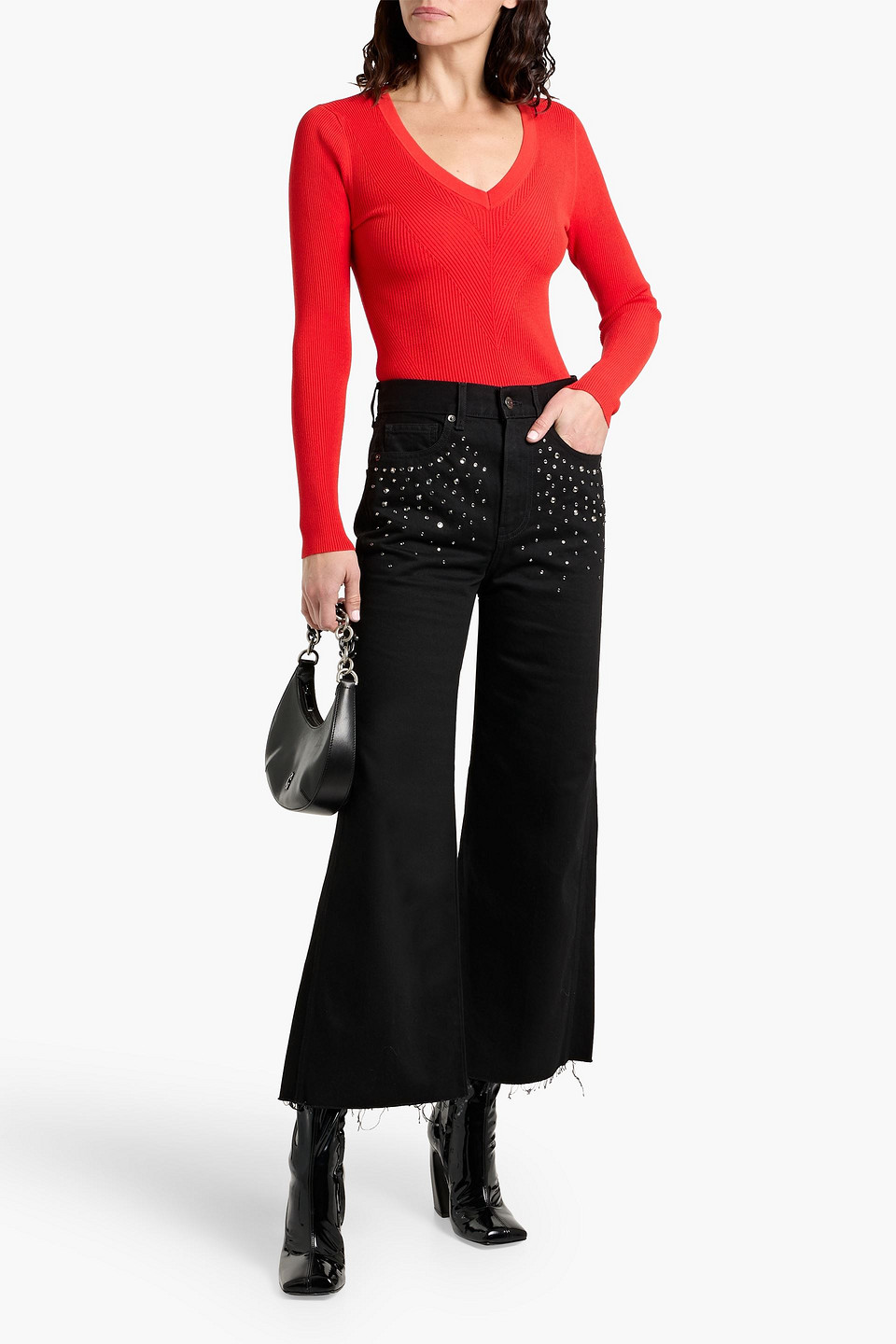  Veronica Beard - Hoch Sitzende Cropped Jeans „taylor“ Mit Weitem Bein Und Kristallverzierung - Schwarz - 26 