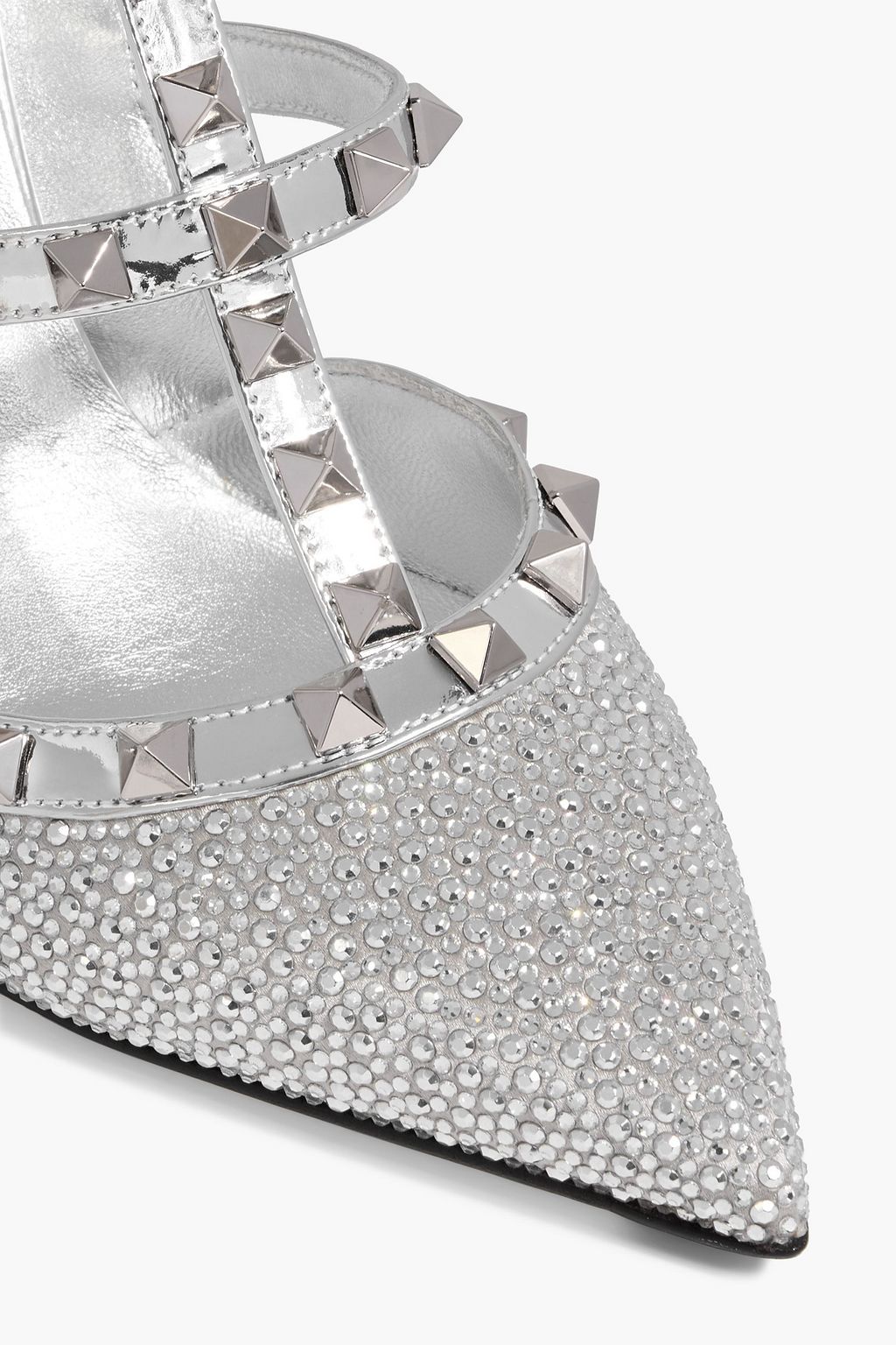 VALENTINO GARAVANI Rockstud crystal-embellished satin and mirrored-leather pumps