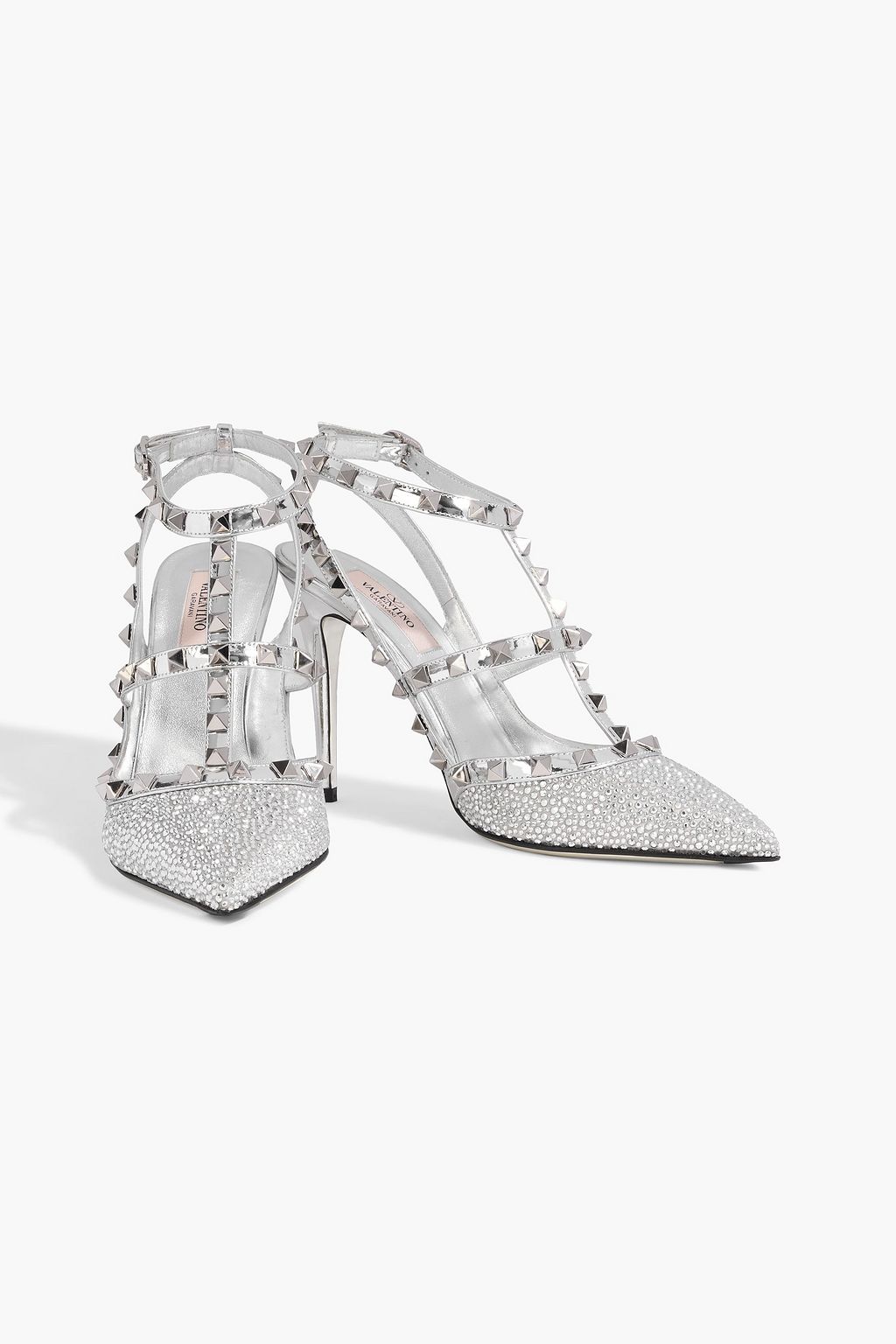 VALENTINO GARAVANI Rockstud crystal-embellished satin and mirrored-leather pumps