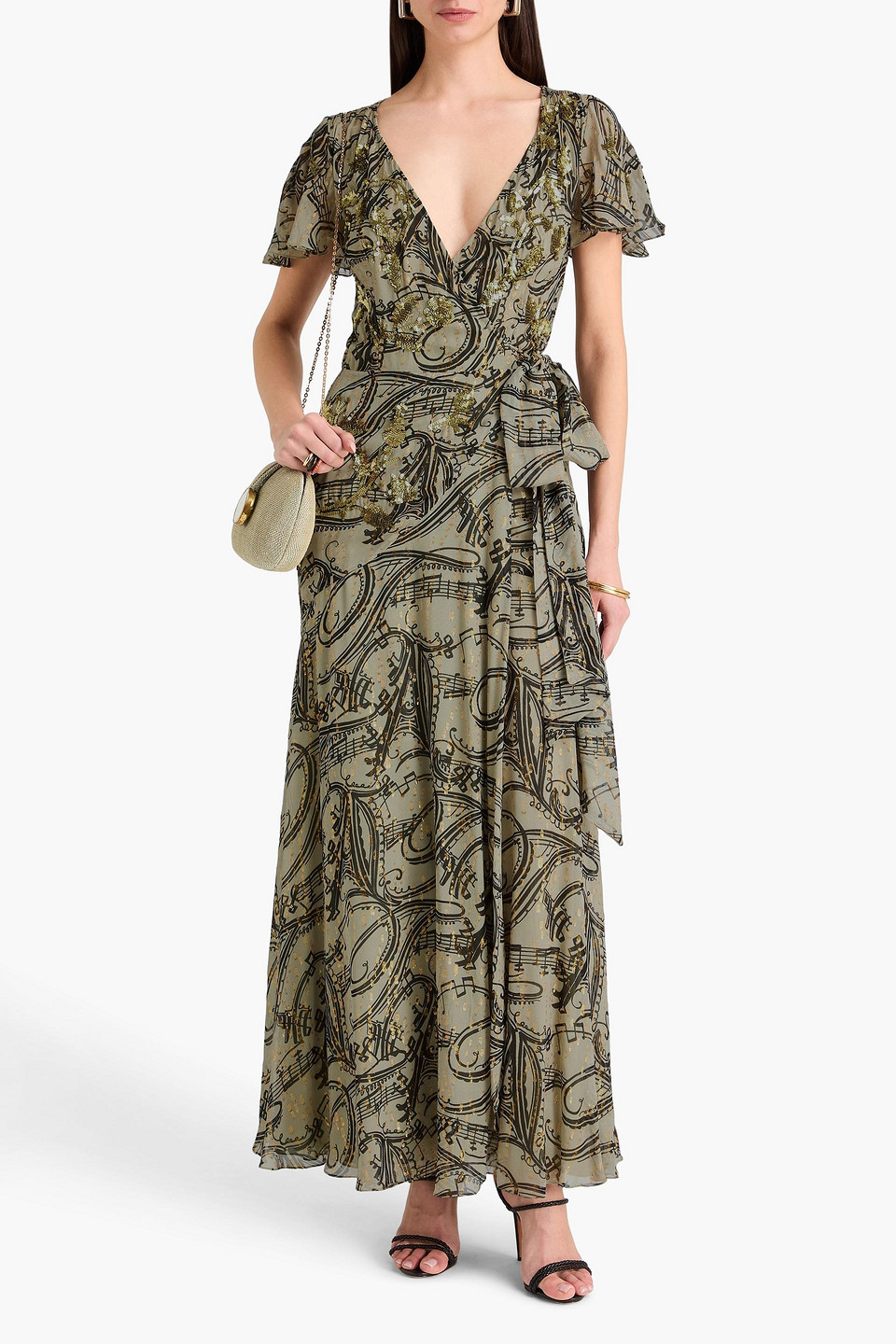  Temperley London - Verziertes Maxi-wickelkleid „silvana“ Aus Seidenchiffon Mit Metallic-fil-coupé Und Print - Grün - Uk 6 