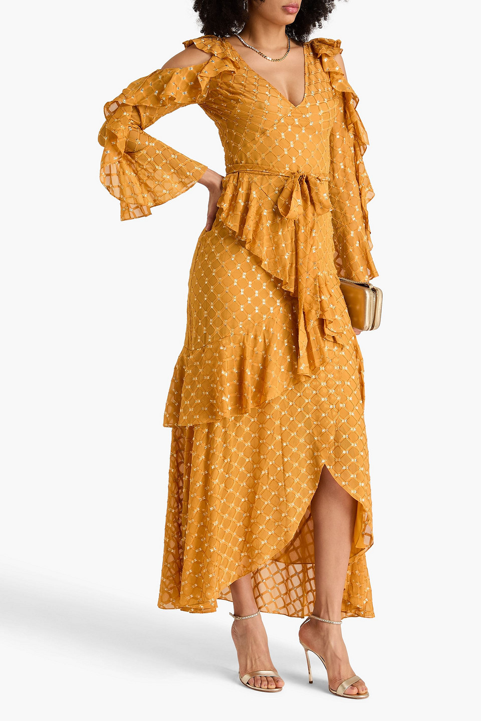  Temperley London - Maxikleid „angelico“ Aus Jacquard Mit Metallic-fil-coupé, Rüschen Und Cut-outs - Gelb - Uk 6 