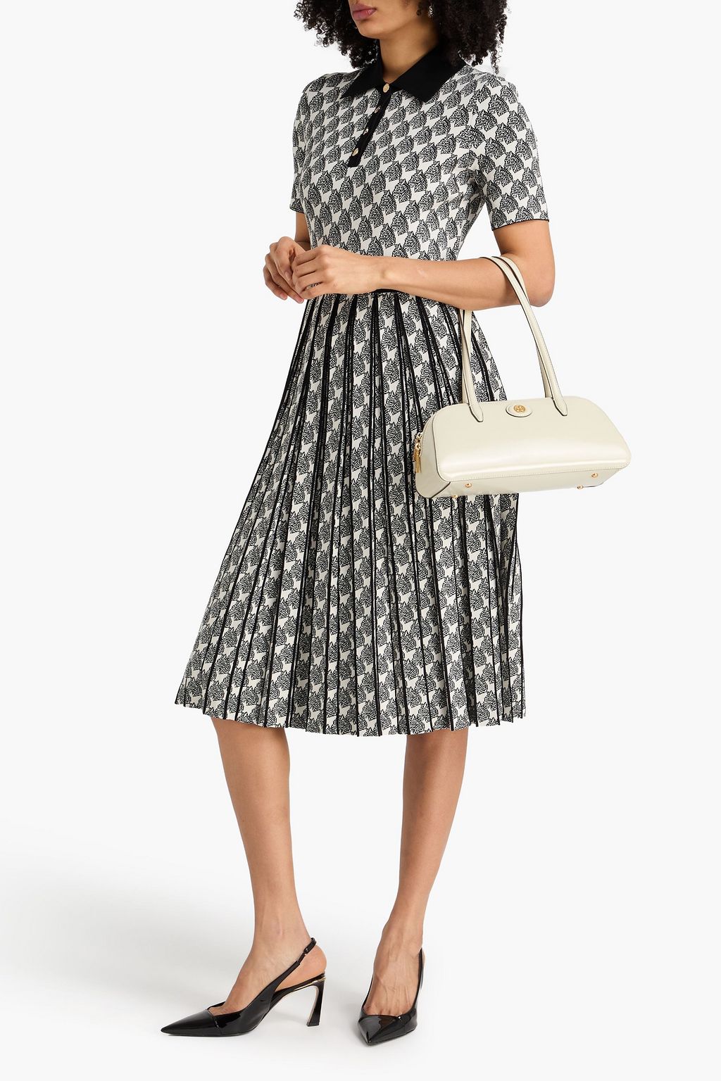 Pleated jacquard-knit midi shirt dress - black - XS Pleated jacquard-knit midi shirt dress - black - XS