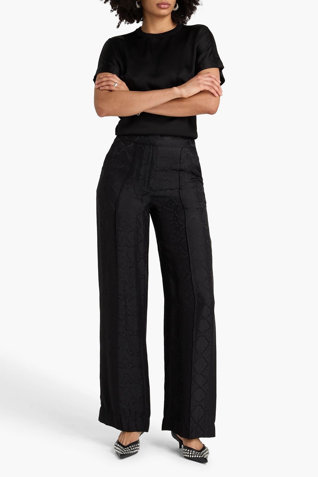 SIMKHAI 스네이크 프린트 새틴 자카드 와이드 레그 팬츠