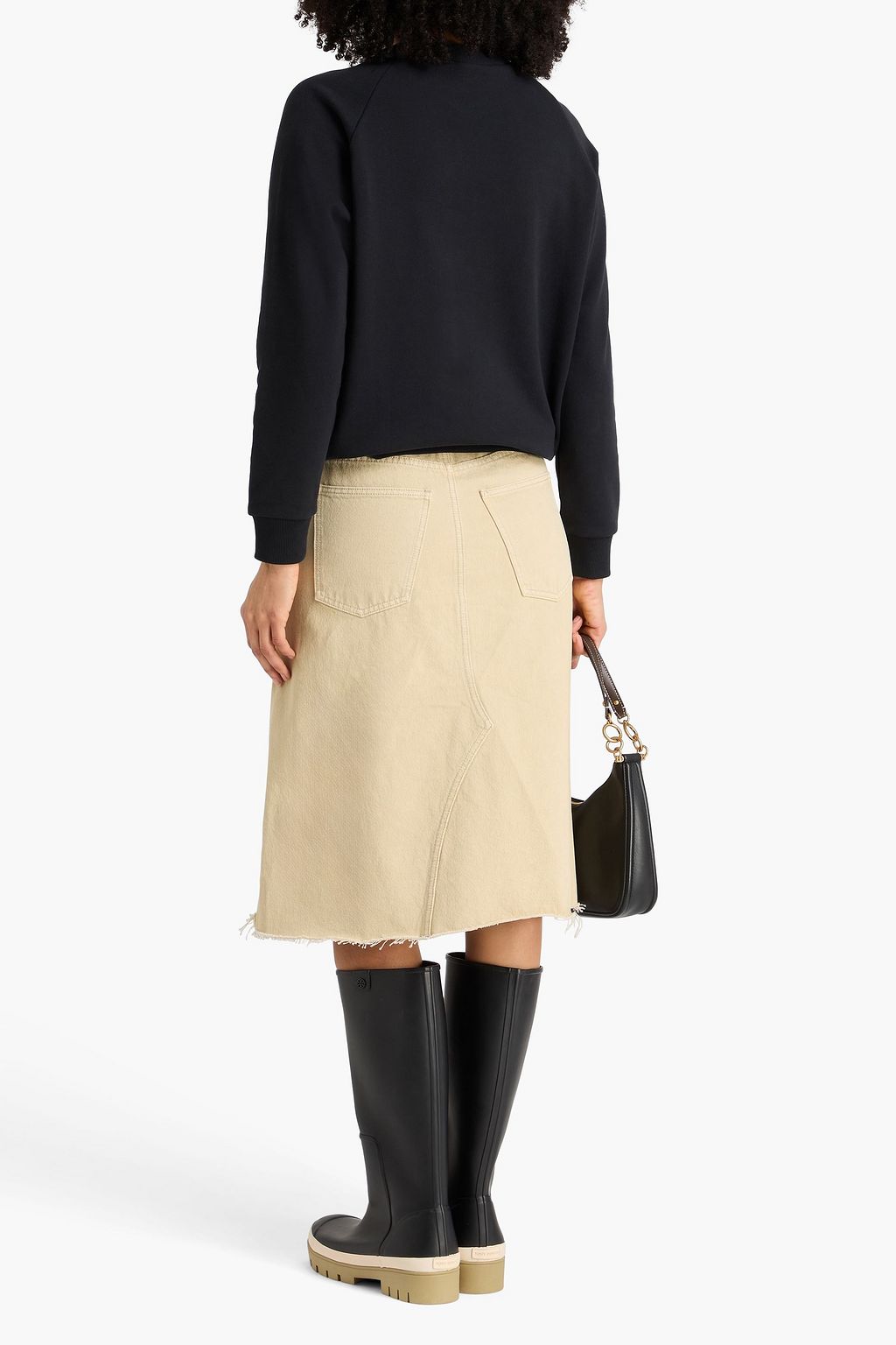 TORY BURCH Frayed denim midi skirt