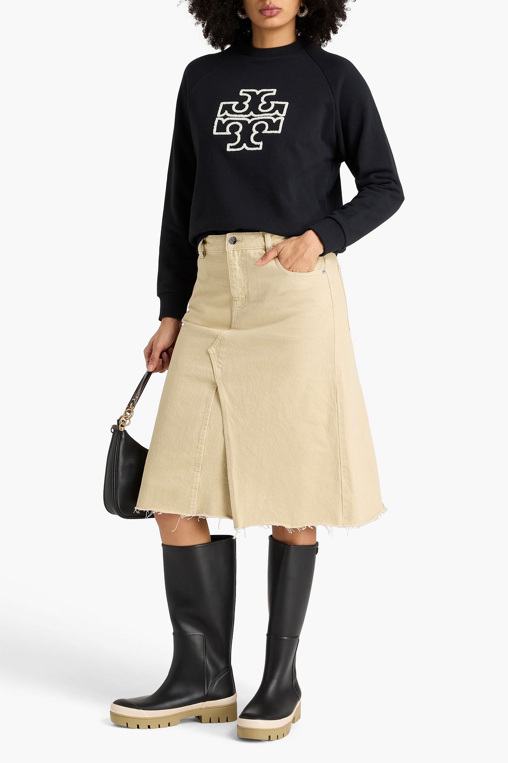TORY BURCH Frayed denim midi skirt