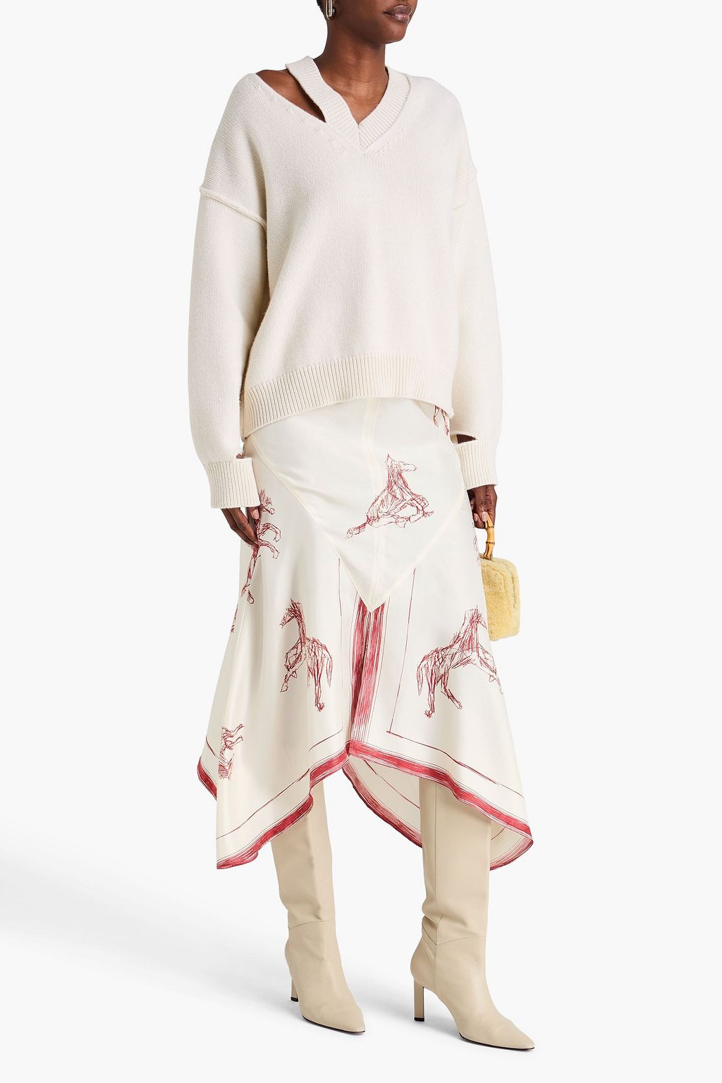 RÓHE تنورة متوسطة الطول من التويل الحريري بتصميم غير متماثل مزينة بطبعات