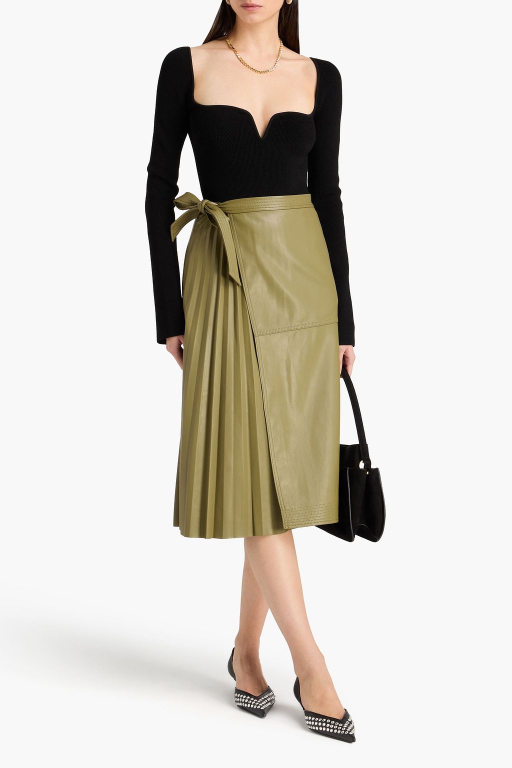 SIMKHAI Mar pleated leather midi skirt
