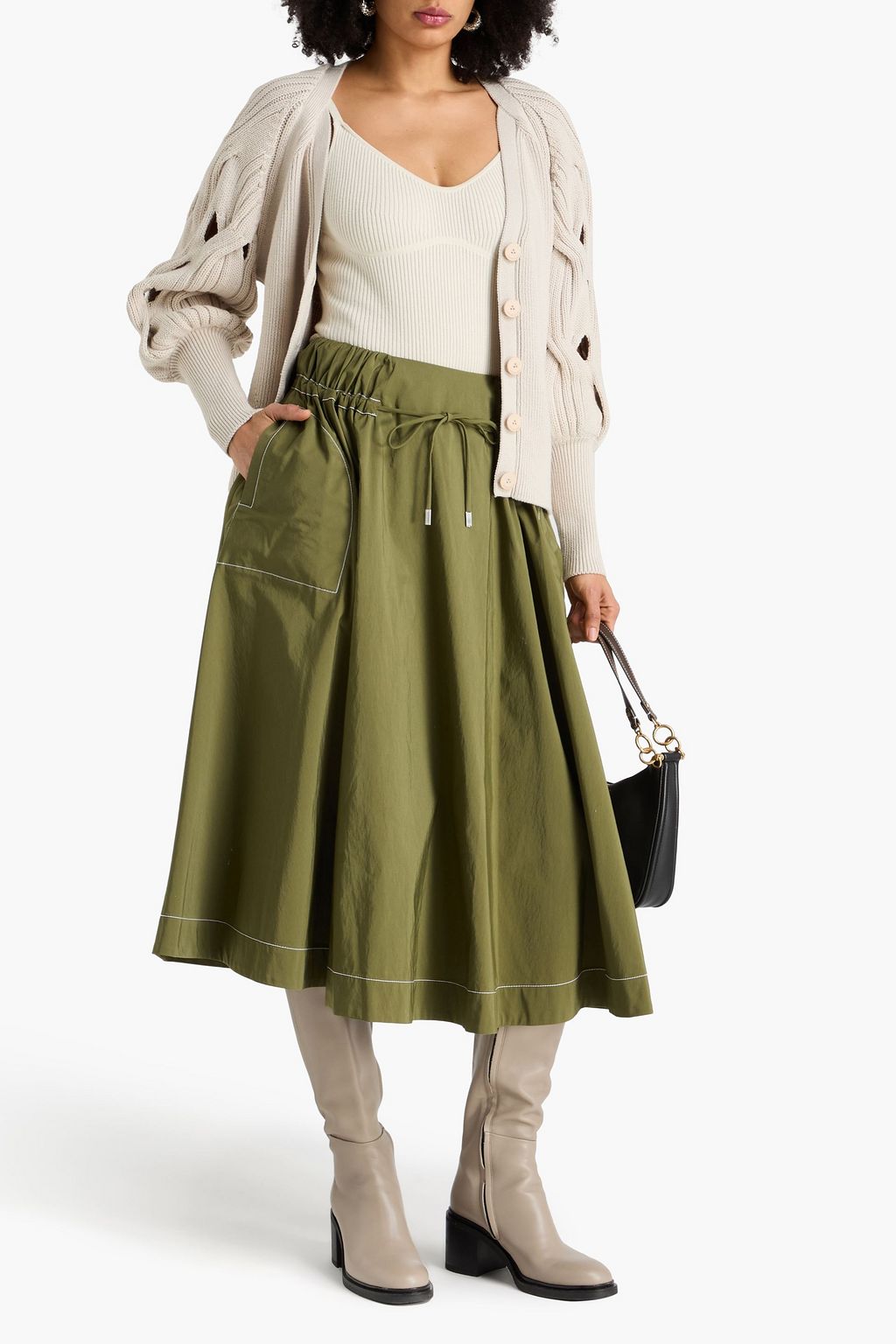SIMKHAI Gathered cotton-blend faille midi skirt