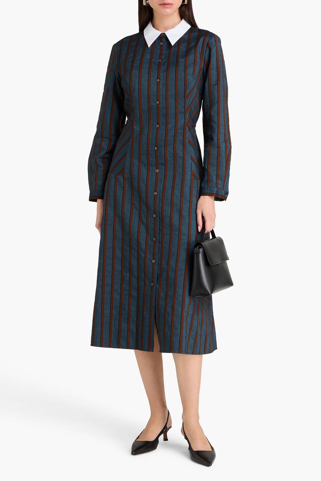 TORY BURCH Striped cotton-blend canvas midi shirt dress